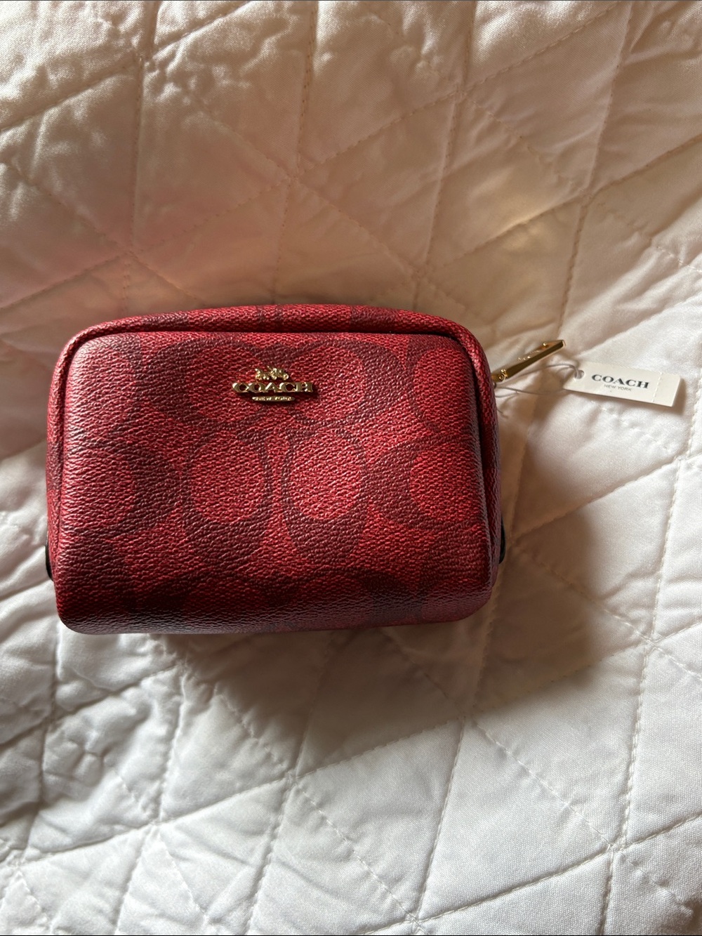 Coach Red Signature Small Cosmetic Pouch with Gold Logo
